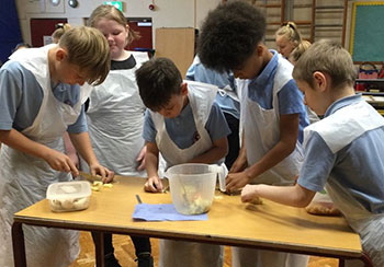 Primary school pupils eating dinner