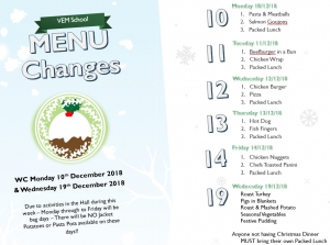 Menu changes for WC 10/12/18 & 19/12/18