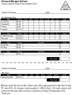 School Uniform Orders for September 2016